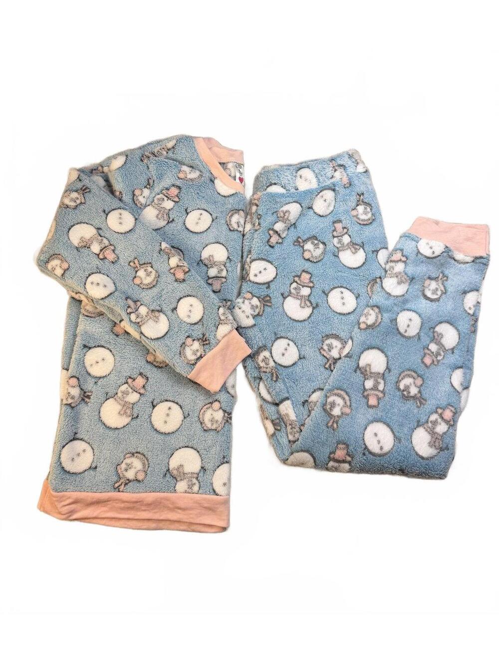 PJ Mimi Blue Snowman Print Fleece Pajama Set Size Medium